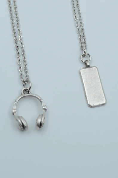 2'li Dikdörtgen Bar Kulaklık Gümüş Kaplama Kolye Seti ürün görseli