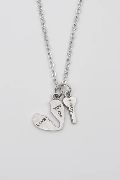 Kalp ve Anahtar 'Love' Yazılı Kolye - Düz Ezme İthal Zincirli Unisex Gümüş Kaplama - 60 cm ürün görseli 1