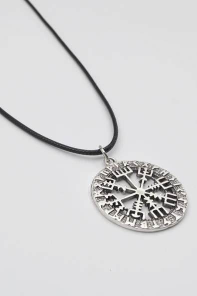 Viking Pusula Kolye (Vegvisir) - PU Deri İp Zincirli Unisex Gümüş Kaplama - 60 cm - Resim 2