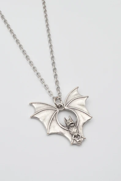 Gotik Yarasa Kolye - Düz Ezme İthal Zincirli Unisex Gümüş Kaplama Kolye - 60 cm - Resim 2