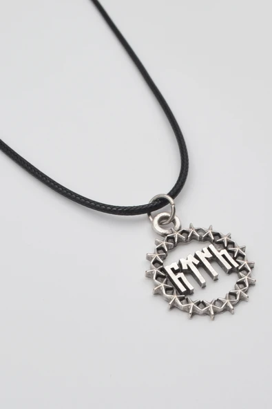 Göktürkçe Türk Yazılı ve Yıldızlı Kolye - PU Deri İp Zincirli Unisex Gümüş Kaplama - 60 cm - Resim 2