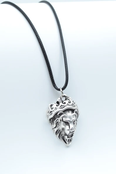 Aslan Kral Gümüş Kaplama Deri İp Kolye ürün görseli 1