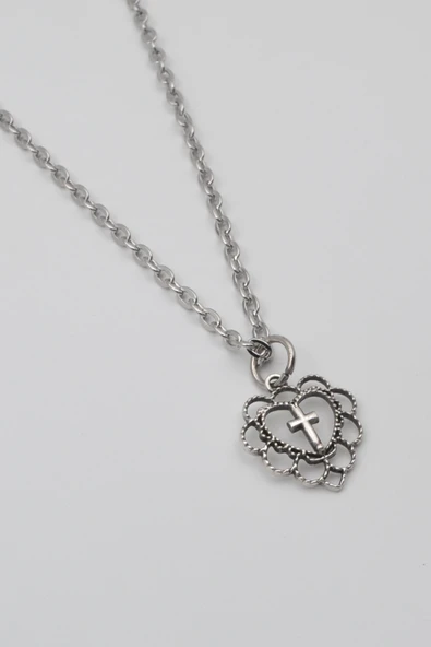 Modern Kalp İçinde Haç Kolye - Düz Ezme İthal Zincirli Unisex Gümüş Kaplama - 60 cm - Resim 2