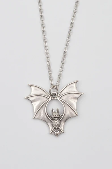 Gotik Yarasa Kolye - Düz Ezme İthal Zincirli Unisex Gümüş Kaplama Kolye - 60 cm ürün görseli 1