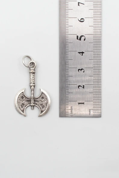 Viking Çift Başlı Balta Kolye Ucu - Antik Gümüş Kaplama - Resim 3