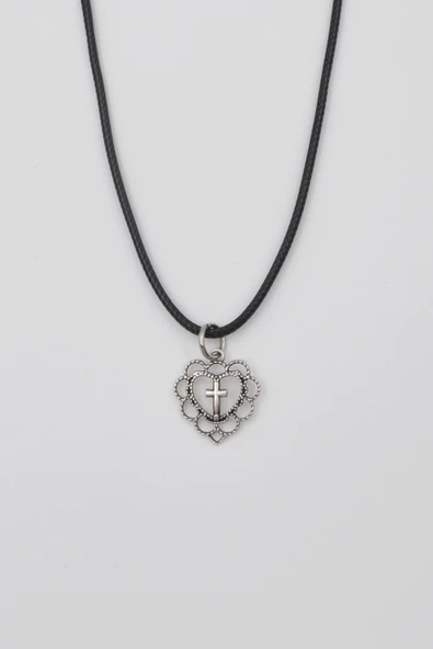 Kalp ve Haç Motifli Kolye - PU Deri İp Zincirli Unisex Gümüş Kaplama - 60 cm ürün görseli 1