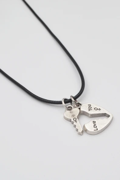 Kalp ve Anahtar 'Love' Yazılı Kolye - PU Deri İp Zincirli Unisex Gümüş Kaplama - 60 cm - 2