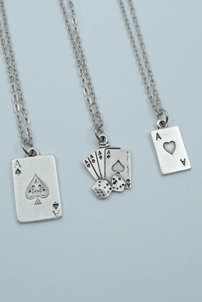 3'lü Full As İskambil Deste Zar Gümüş Kaplama Kolye Seti ürün görseli