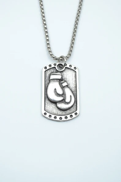 Boks Eldiveni Künye Gümüş Kaplama Örme Zincir Kolye ürün görseli 1