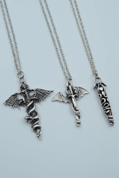 3'lü Yarasa Yılan Kılıç Ejderha Kılıç Yılanlı Çubuk Gümüş Kaplama Kolye Seti ürün görseli 1