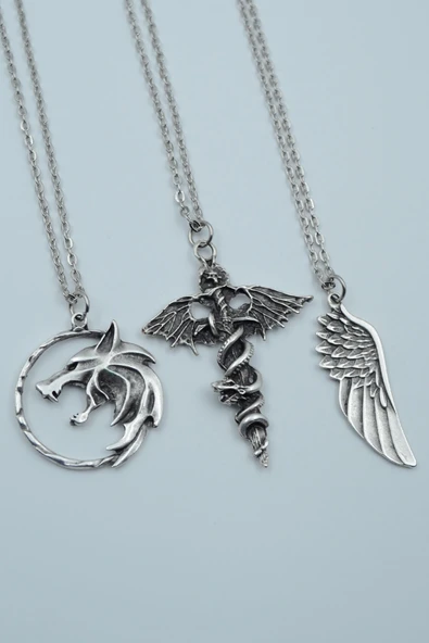 3'lü Yarasa Yılan Kılıç Witcher Çember Kanat Gümüş Kaplama Kolye Seti ürün görseli 1