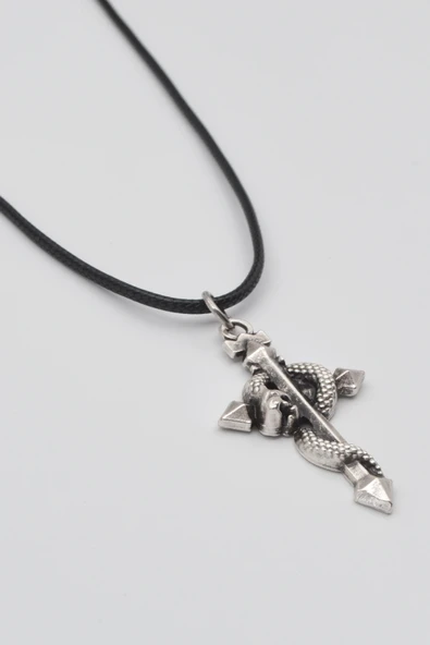 Yılan Sarılı Haç Kolye - PU Deri İp Zincirli Unisex Gümüş Kaplama - 60 cm - Resim 2