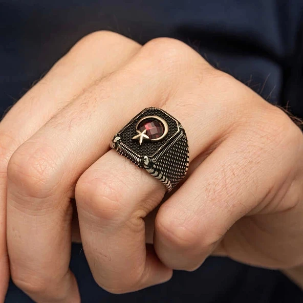 Gümüş Kırmızı Taşlı Ay Yıldız Erkek Yüzük - Resim 5