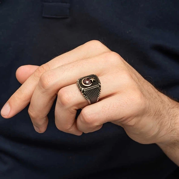 Gümüş Kırmızı Taşlı Ay Yıldız Erkek Yüzük - Resim 4