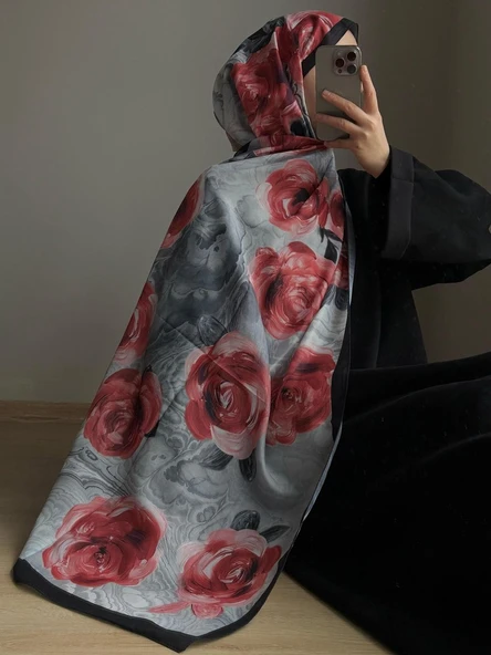 Pamuklu Rose Desen Şal-Siyah/Kırmızı - 5