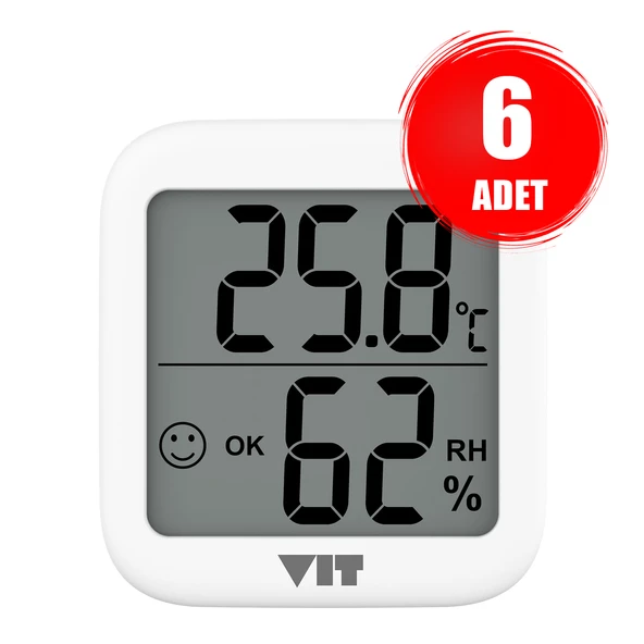 VIT 6'lı İç Mekan Dijital Isı ve Nem Ölçer Beyaz Termometre WVT17-04