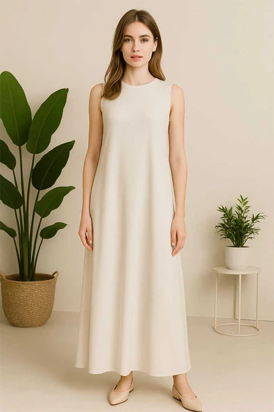 Sıfır Kollu Uzun Sandy İçlik Elbise 3197 Taş