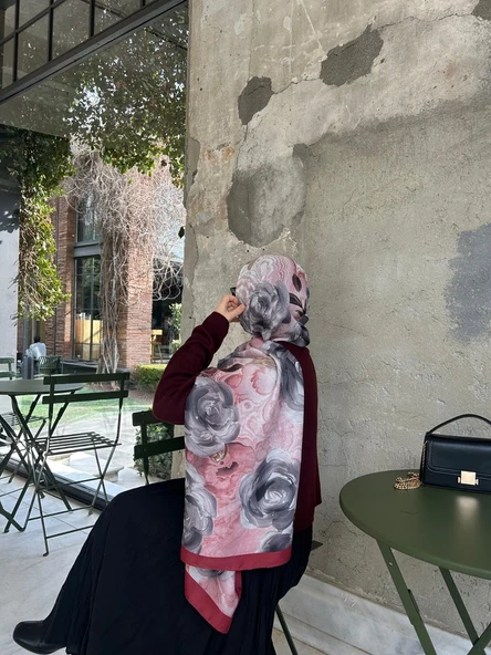 Pamuklu Rose Desen Şal-Kırmızı/Gri - 2