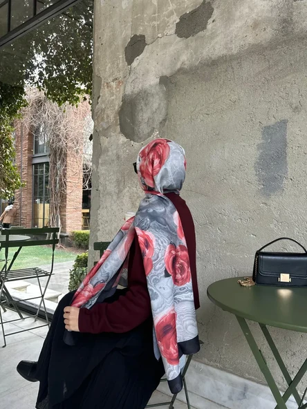 Pamuklu Rose Desen Şal-Siyah/Kırmızı - 3