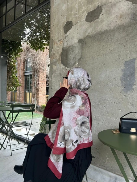 Pamuklu Rose Desen Şal-Kırmızı/Vizon - 2