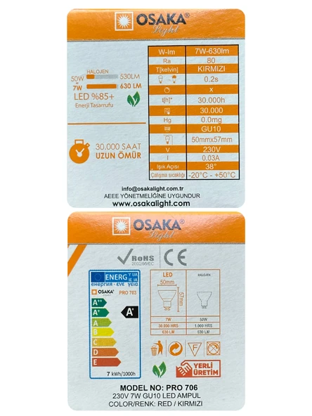 (5 Adet) Osaka 7W Kırmızı Işık GU10 Duylu Led Çanak Ampul - 3