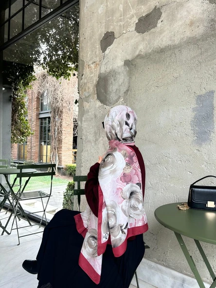 Pamuklu Rose Desen Şal-Kırmızı/Vizon - 3