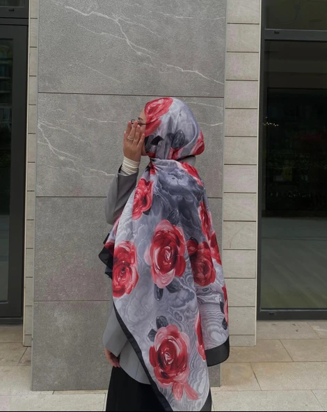 Pamuklu Rose Desen Şal-Siyah/Kırmızı