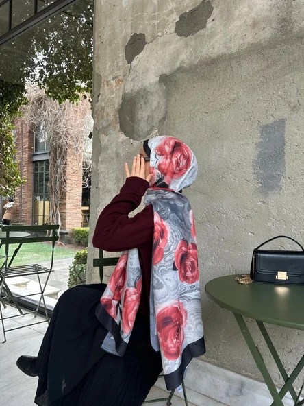 Pamuklu Rose Desen Şal-Siyah/Kırmızı - 4