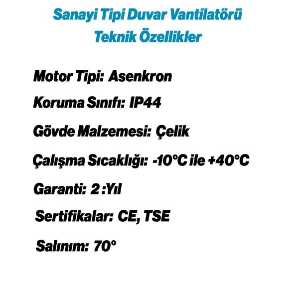 Sanayi Tipi Duvar Vantilatörü 75 cm 210 W Endüstriyel Geniş Sessiz Duvara Monte Fan - 3
