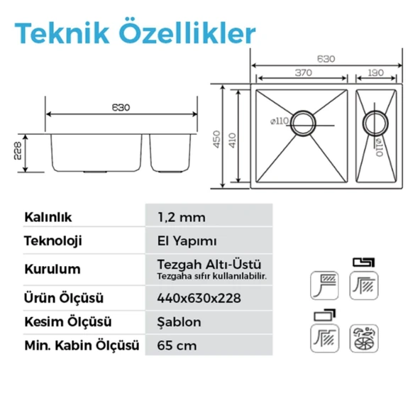 Crauf Stella 4563 PVD Bakır 1,5 Gözlü Sağ Paslanmaz Çelik Mutfak Eviyesi - 2
