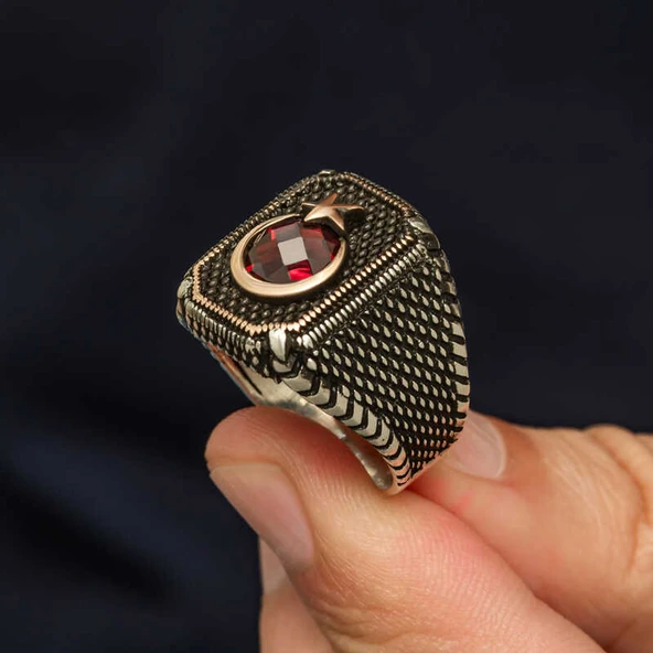 Gümüş Kırmızı Taşlı Ay Yıldız Erkek Yüzük ürün görseli 1