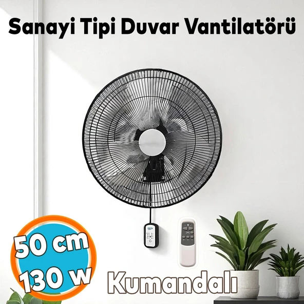 Sanayi Tipi Kumandalı Duvar Vantilatörü 50 cm 130 W Endüstriyel Sessiz Duvara Monte Fan