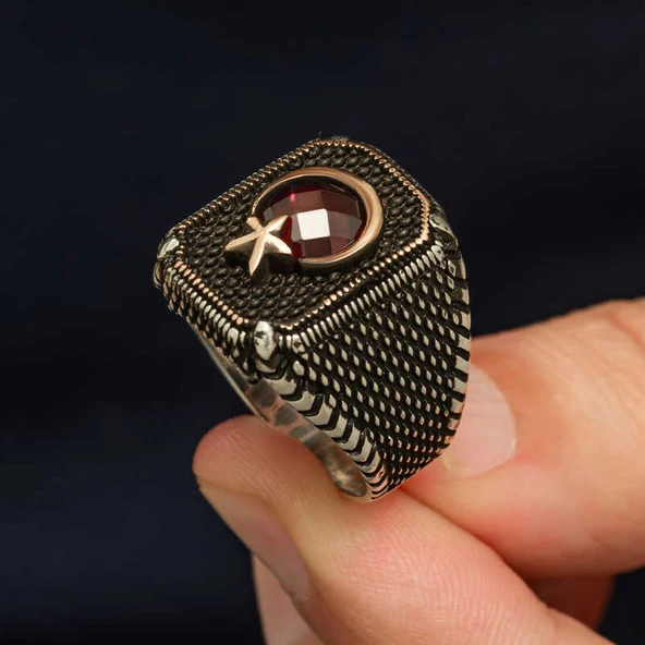 Gümüş Kırmızı Taşlı Ay Yıldız Erkek Yüzük - Resim 7