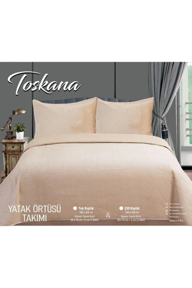 Toskana - Çift Kişilik 240x260 Bej Lüks Kadife Yatak Örtüsü