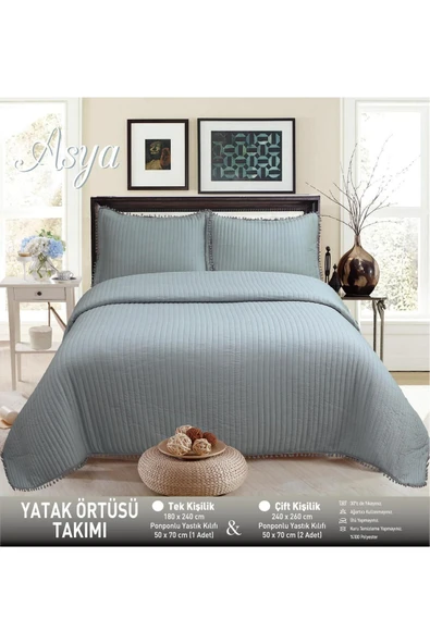 Asya Ponponlu - Elyaf Dolgulu Kırışmaya Dayanıklı Çift Kişilik 240x260 Yatak Örtüsü Antrasit
