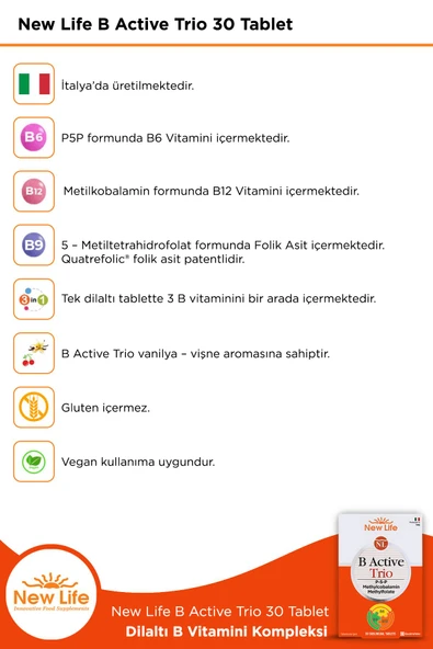 B Active Trio 30 Tablet - B6 ve B12 Vitamini - Folik Asit (P5P-Metilkobalamin-Metilfolat) - 3