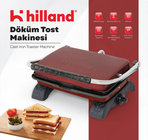 Hilland Organik %100 Demir Döküm Plakalı Tost Makinesi Bordo - Temizleme Fırçası Hediyeli