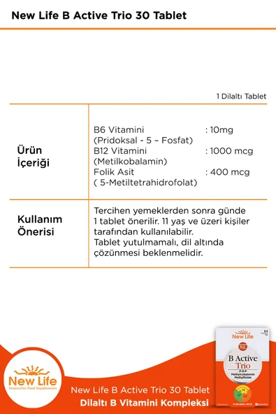 B Active Trio 30 Tablet - B6 ve B12 Vitamini - Folik Asit (P5P-Metilkobalamin-Metilfolat) - 2