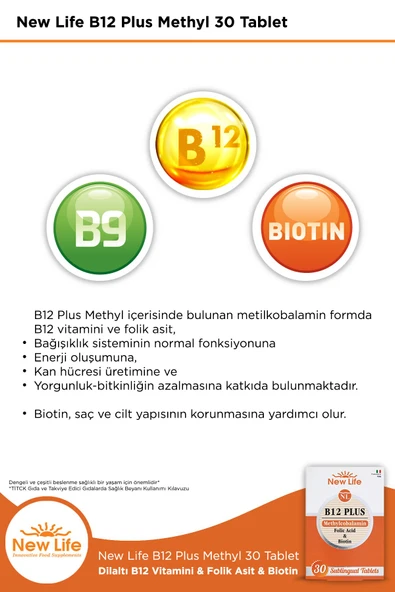 B12 Plus 30 Dilaltı Tablet - B12 Vitamini - Folik Asit - Biotin - 4