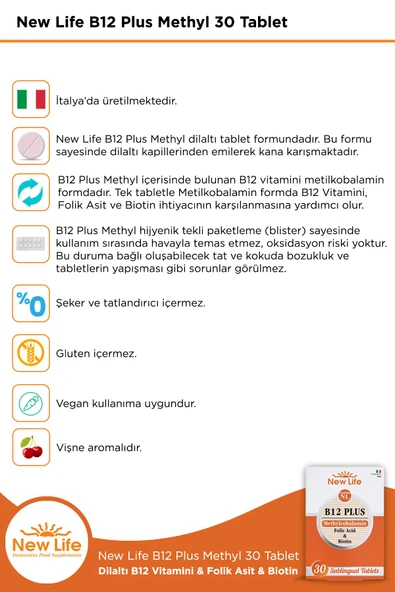 B12 Plus 30 Dilaltı Tablet - B12 Vitamini - Folik Asit - Biotin - 3