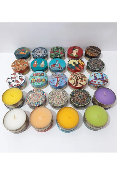 renkli çiçekler Bir Adet Yuvarlak Teneke Kutulu Renkli Kokulu Mum 7.5x3.5 CM