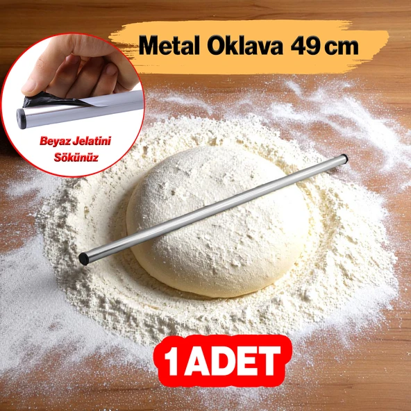 Alüminyum Silindir Yuvarlak Metal Oklava Tekli 49 cm Mutfak Börek Hamur Un Yufka Açma Krom Renk