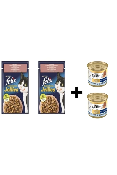 Purina 2 Adet Felix Havuçlu Jöleli Tavuklu 85gr+2 Adet Gourmet Ton Balıklı 85 Gr Yaş Kedi Maması
