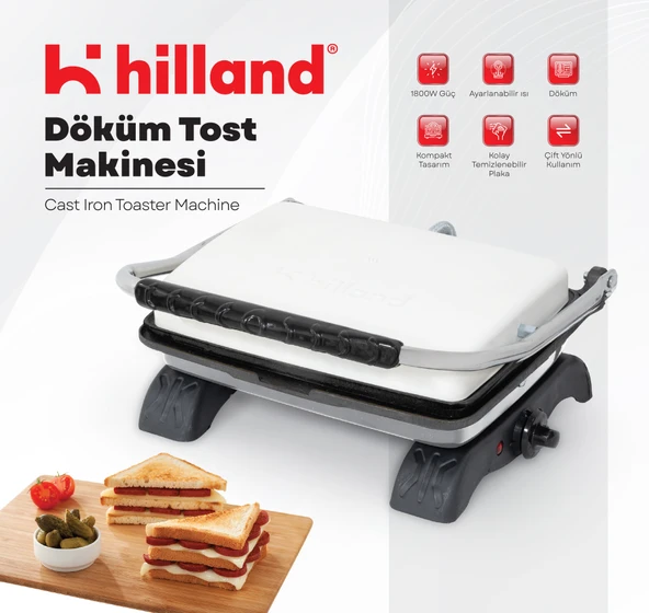 Hilland Organik %100 Demir Döküm Plakalı Tost Makinesi Beyaz - Temizleme Fırçası Hediyeli