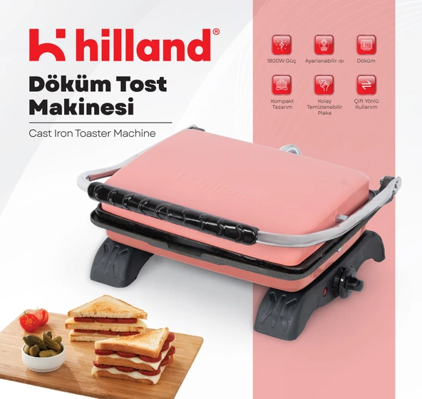 Hilland Organik %100 Demir Döküm Plakalı Tost Makinesi Pembe - Temizleme Fırçası Hediyeli
