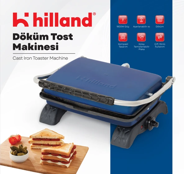 Hilland Organik %100 Demir Döküm Plakalı Tost Makinesi Lacivert - Temizleme Fırçası Hediyeli