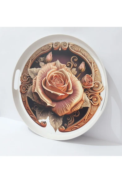 renkli çiçekler Çay Tepsi Yuvarlak Desenli Plastik Çay Tepsisi 38 CM