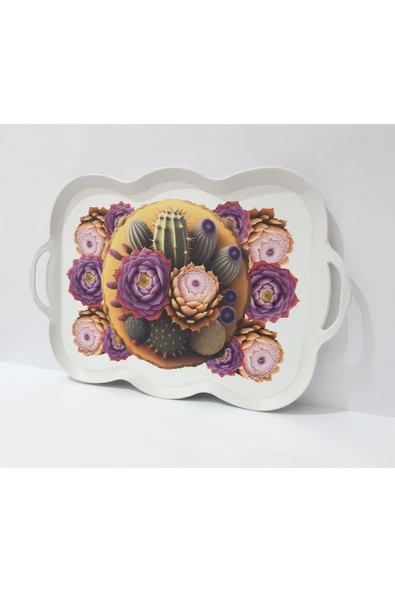 renkli çiçekler Çay Tepsi Oval Kenarlı Dikdörtgen Desenli Plastik Çay Tepsisi 38x29 CM