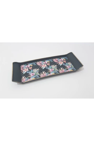 renkli çiçekler Dikdörtgen Mini Desenli Kahve Tepsi 28.5X11.5 CM Sunum Tepsis