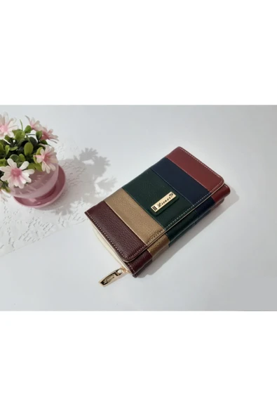 LİONER Kadın Cüzdan Şerit Desenli Kullanışlı Cüzdan Kadın Cüzdanı 17x10x4.5 Cm
